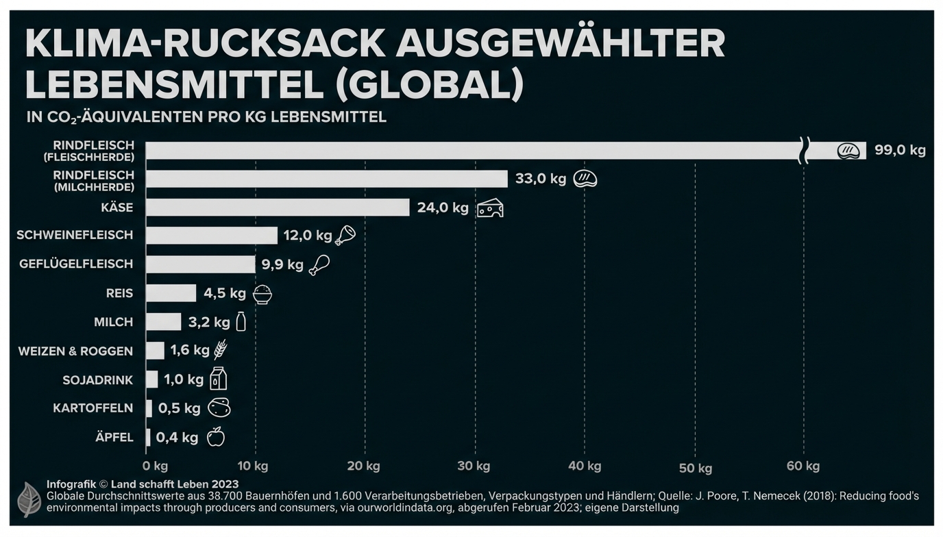 Balkendiagramm: CO2-Äquivalente pro kg für verschiedene Lebensmittel, Rindfleisch am höchsten, Äpfel am niedrigsten.